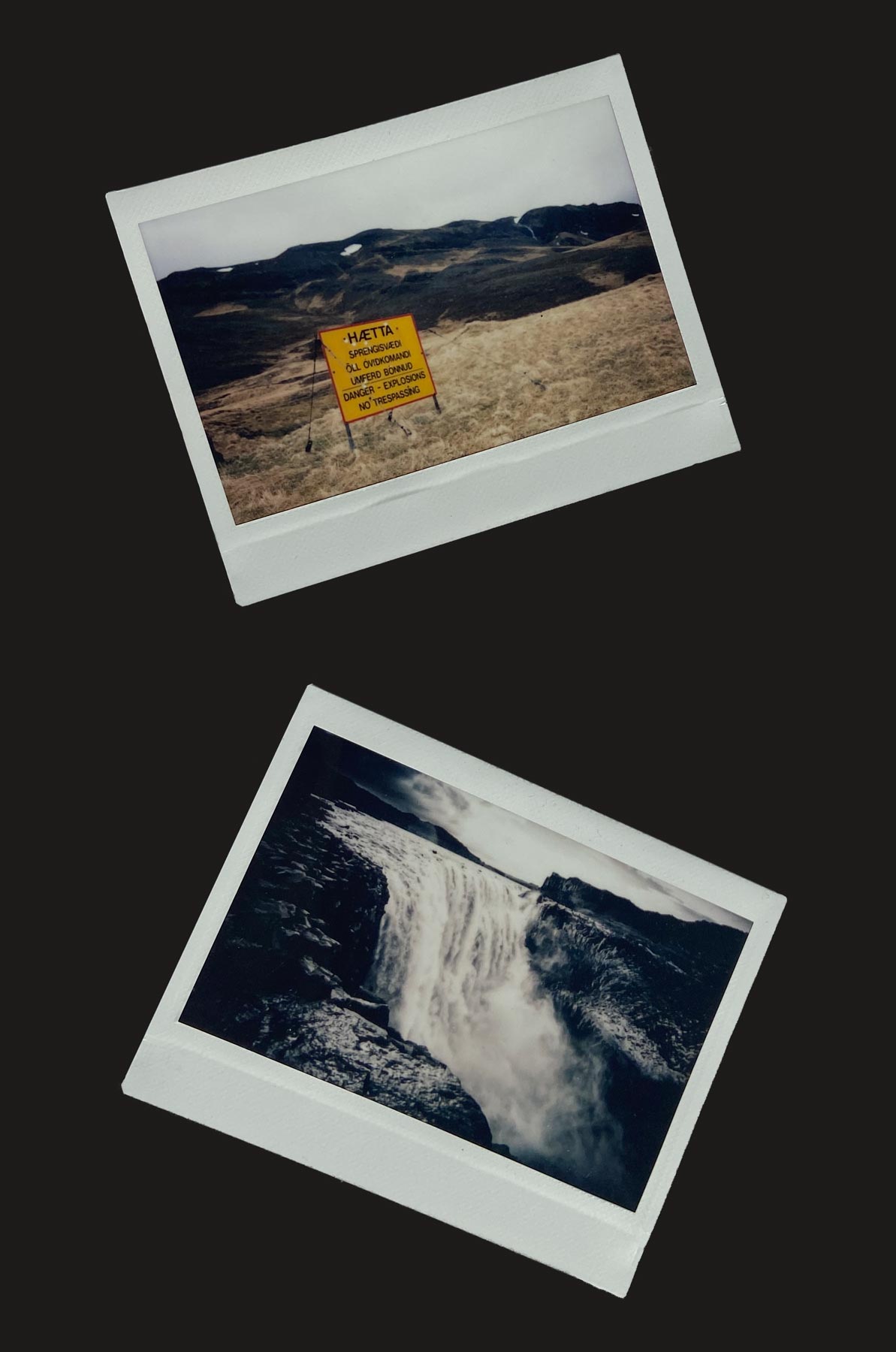 Zwei Polaroid Bilder aus Island, die die Landschaft Islands darstellen.