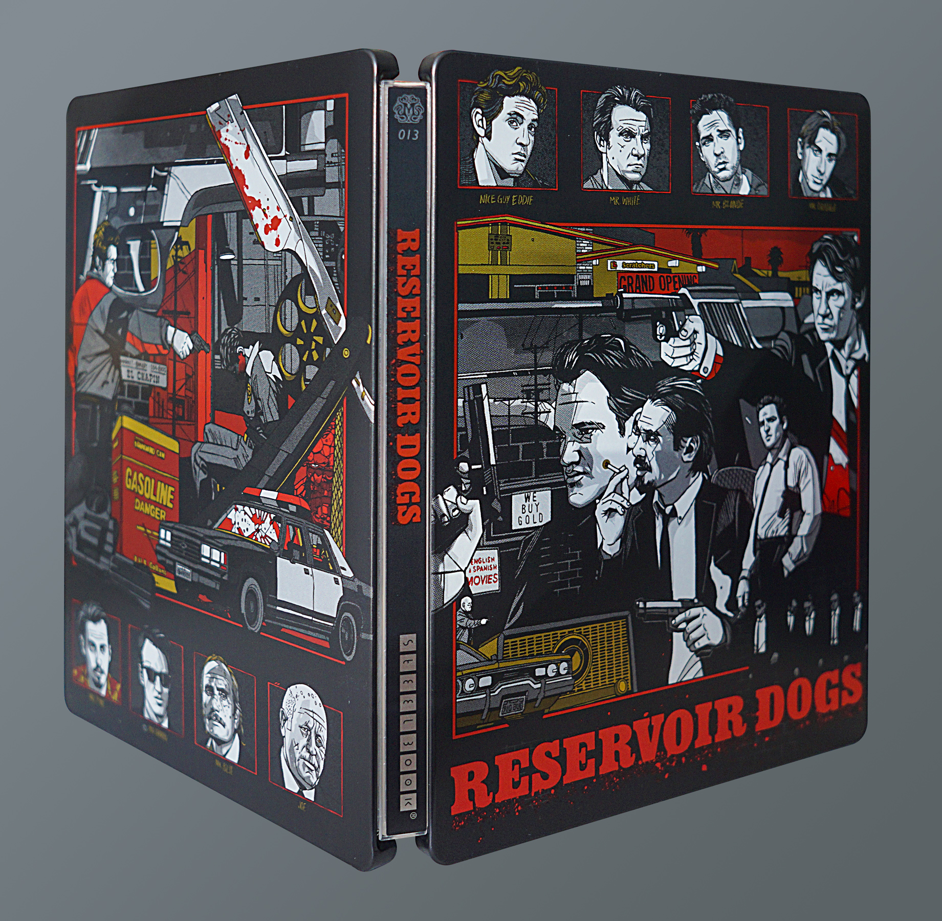 Von Mondo mit Künstler Tyler Stout gestaltetes Blu-Ray-Steelbook des Films "Reservoir Dogs" von Quentin Tarantino. Abgebildet sind die Hauptfiguren und ikonische Szenen des Films in einem Comic-Stil, der vor allem in schwarz, weiß und rot gehalten ist