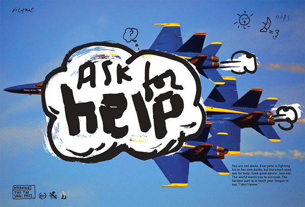 Ein blaues Plakat mit Düsenjets, die mit einer Blase übermalt sind auf der "ask for help" steht