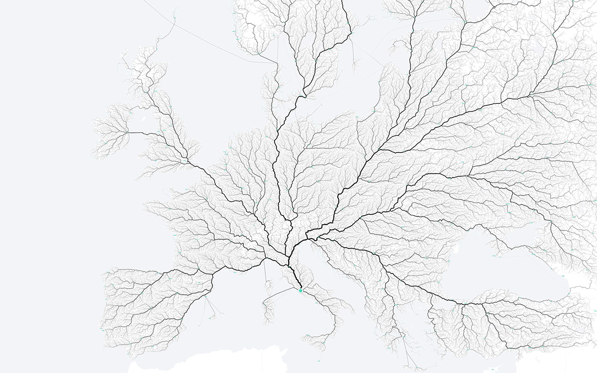 man sieht die Landkarte Europas. Diese entsteht jedoch durch viele markierte Straßen, welche alle nach Rom führen. Dadurch sieht die Karte sehr organisch aus, wie das Nervensystem oder die Blutbahnen des Menschen