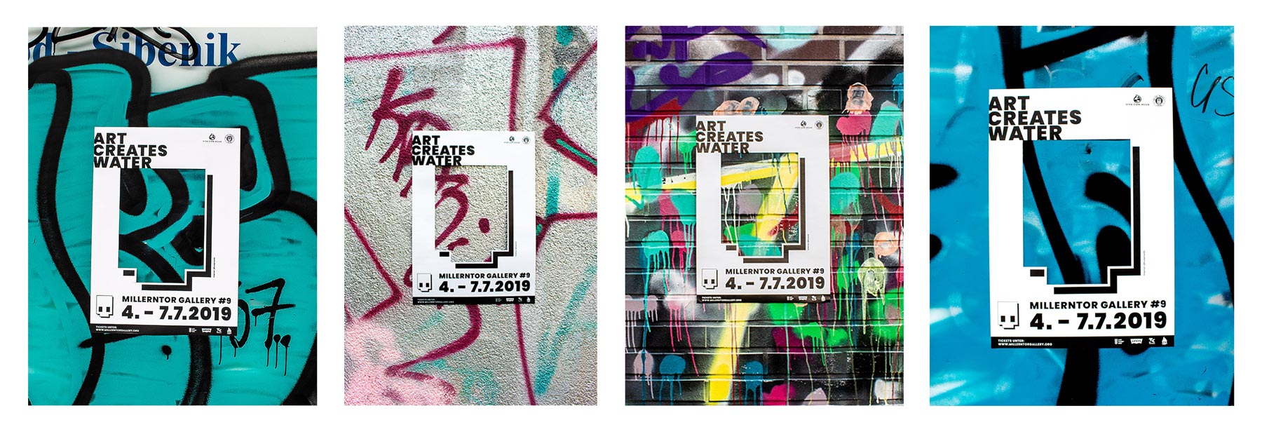 vier Plakate, gestaltet von der Agentur Wynken Blynken und Nord für Millerntor Gallery, weiße Plakate mit schwarzer Schrift, in der Mitte ist ein Freiraum in Form des Millerntor Gallery Schädels, dadurch sieht man verschiedene Graffiti Art