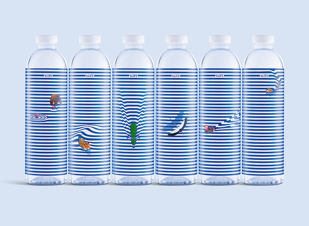 Verpackungsdesign für 4Life Mineralwasser, gestaltet von Prompt Design aus Thailand.  Das Etikett ist blau-weiß-gestreift und jede Flasche enthält ein anderes Tier, das im oder an Wasser lebt, das mit dem durch die Streifen dargestellte Wasser interagiert.